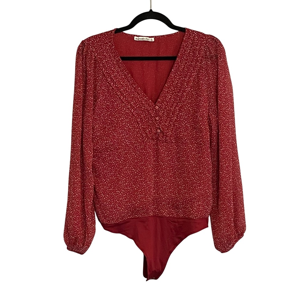 Abercrombie & Fitch Red Polka Dot Long‎ Sleeve Pleated V-Neck Bodice Bodysuit L